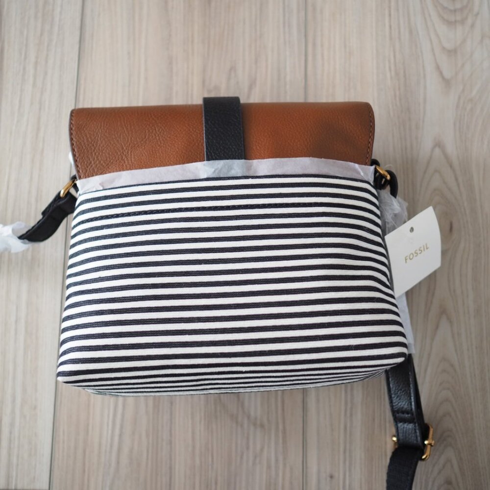 NWT FOSSIL Kinley Front Flap Pocket Crossbody Black White Striped Tan Leather - Picture 9 of 13